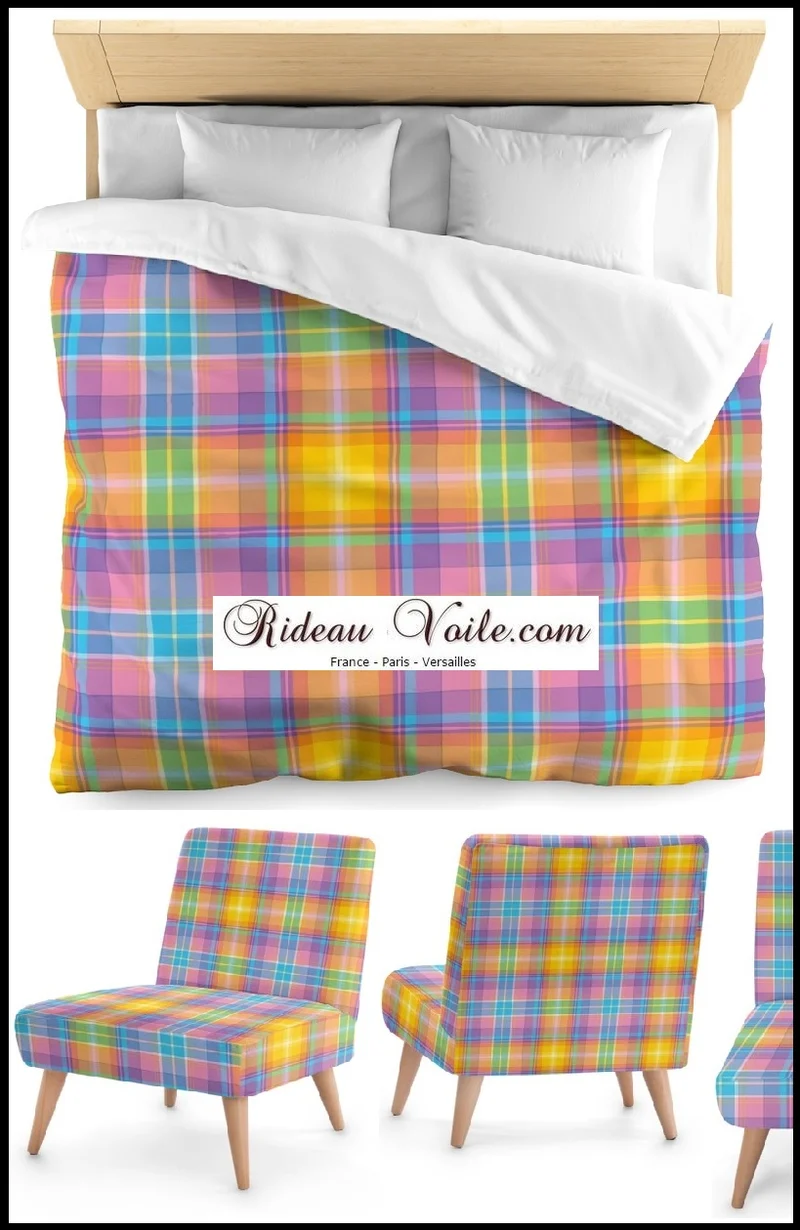Tissu décoration carreaux Madras Antillais mètre jaune orange bleu rideau couette