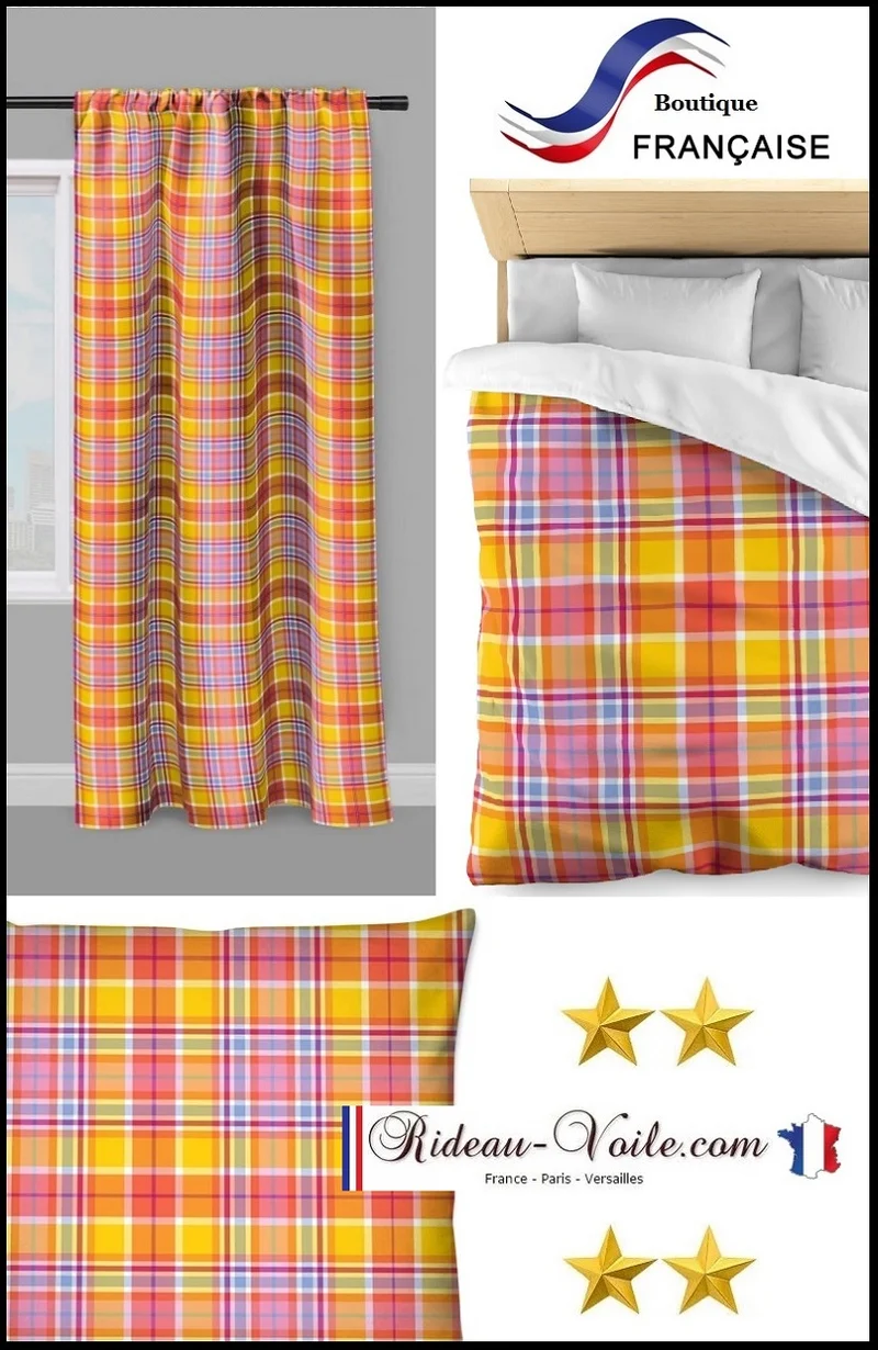 Tissu carreaux Madras Antillais Réunion Guadeloupe au mètre jaune orange rideau voilage