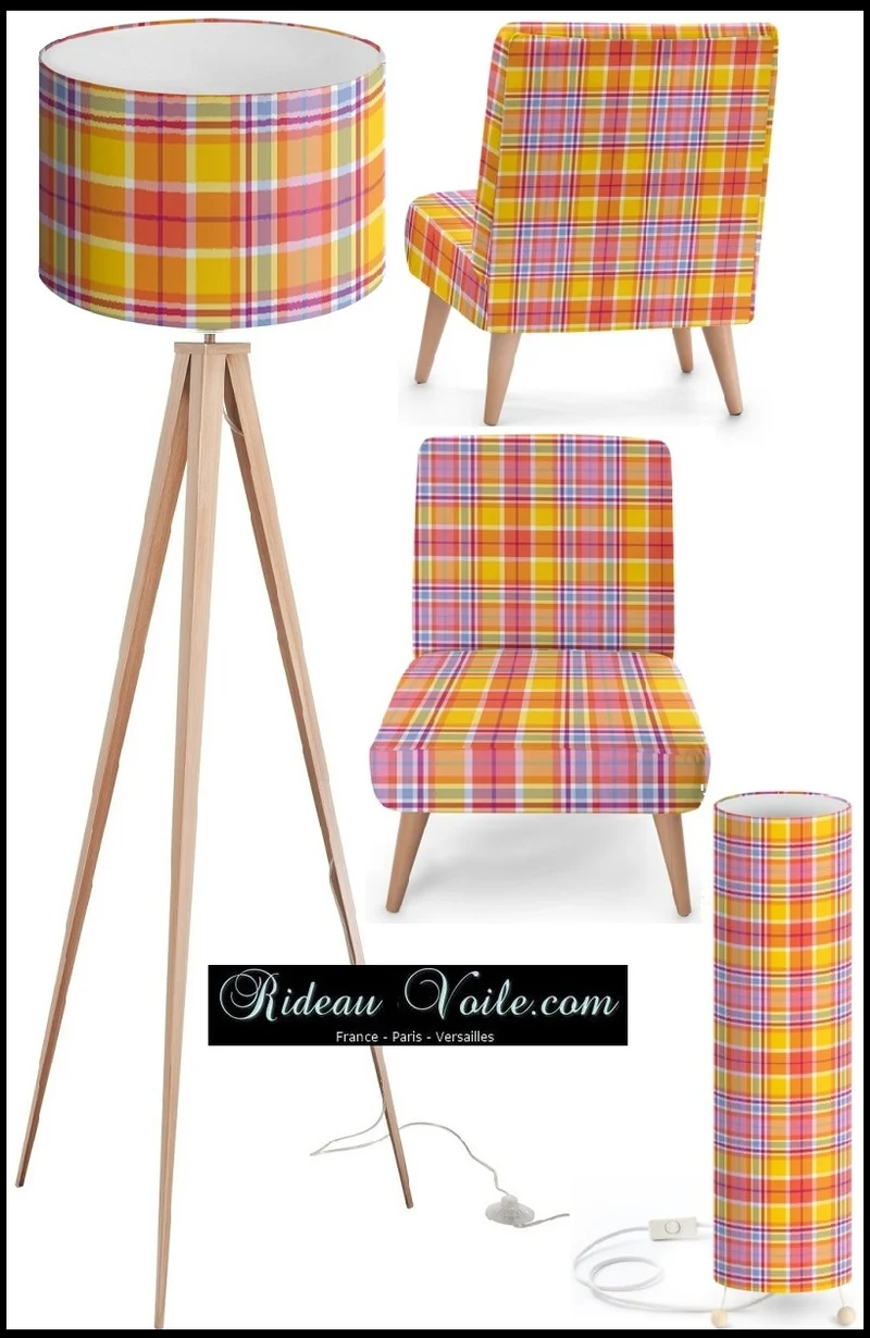 Tissu carreaux Madras Antillais Réunion Guadeloupe au mètre jaune orange rideau voilage