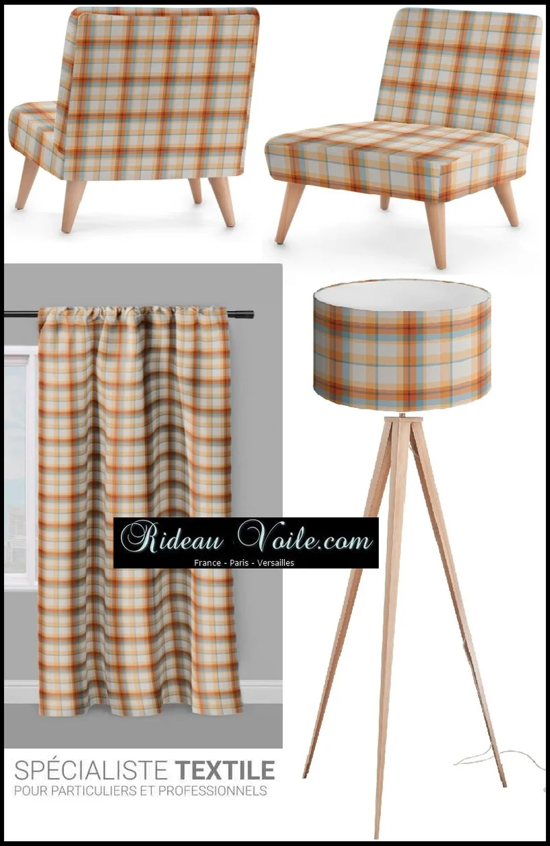 Tissu carreaux Madras Antillais Réunion mètre motif lignes rayures beige ignifugé
