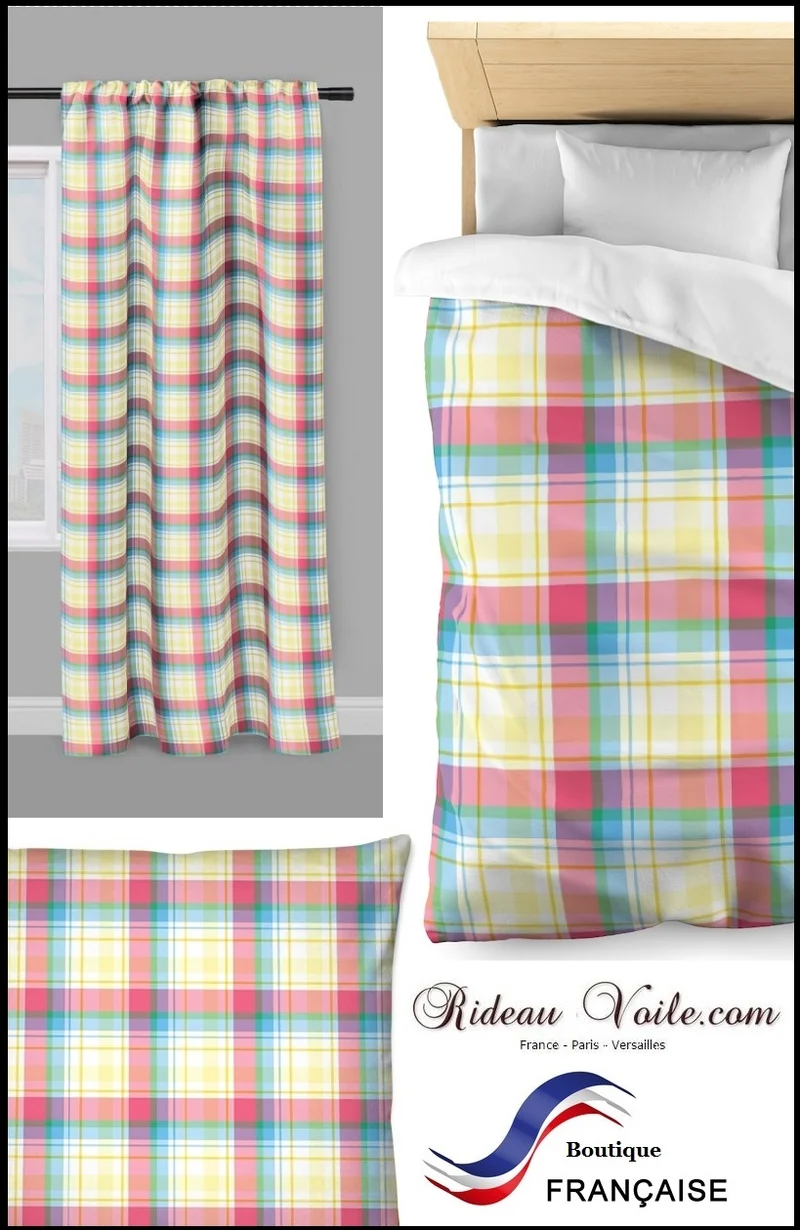 Tissu décoration carreaux Madras ameublement au mètre motif lignes rayures rose bleu