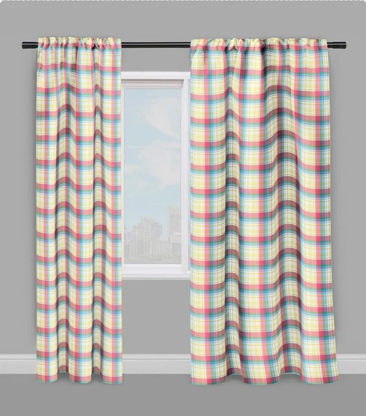 Tissu décoration carreaux Madras ameublement au mètre motif lignes rayures rose bleu