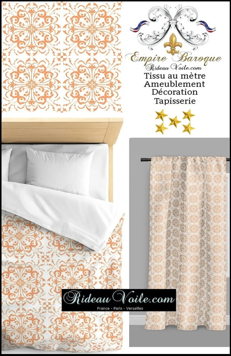 Tissu ameublement mètre motif fleurs style Rococo Baroque ornement orange