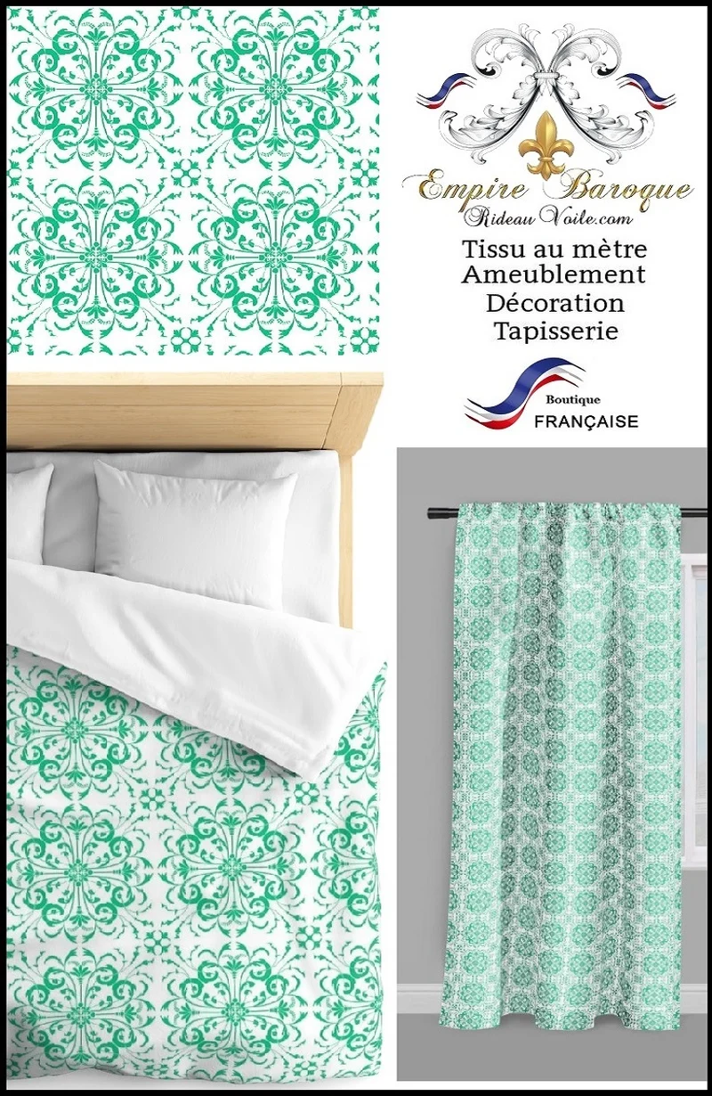 Tissu ameublement mètre FLORAL Rococo Baroque ornement vert ignifugé rideau
