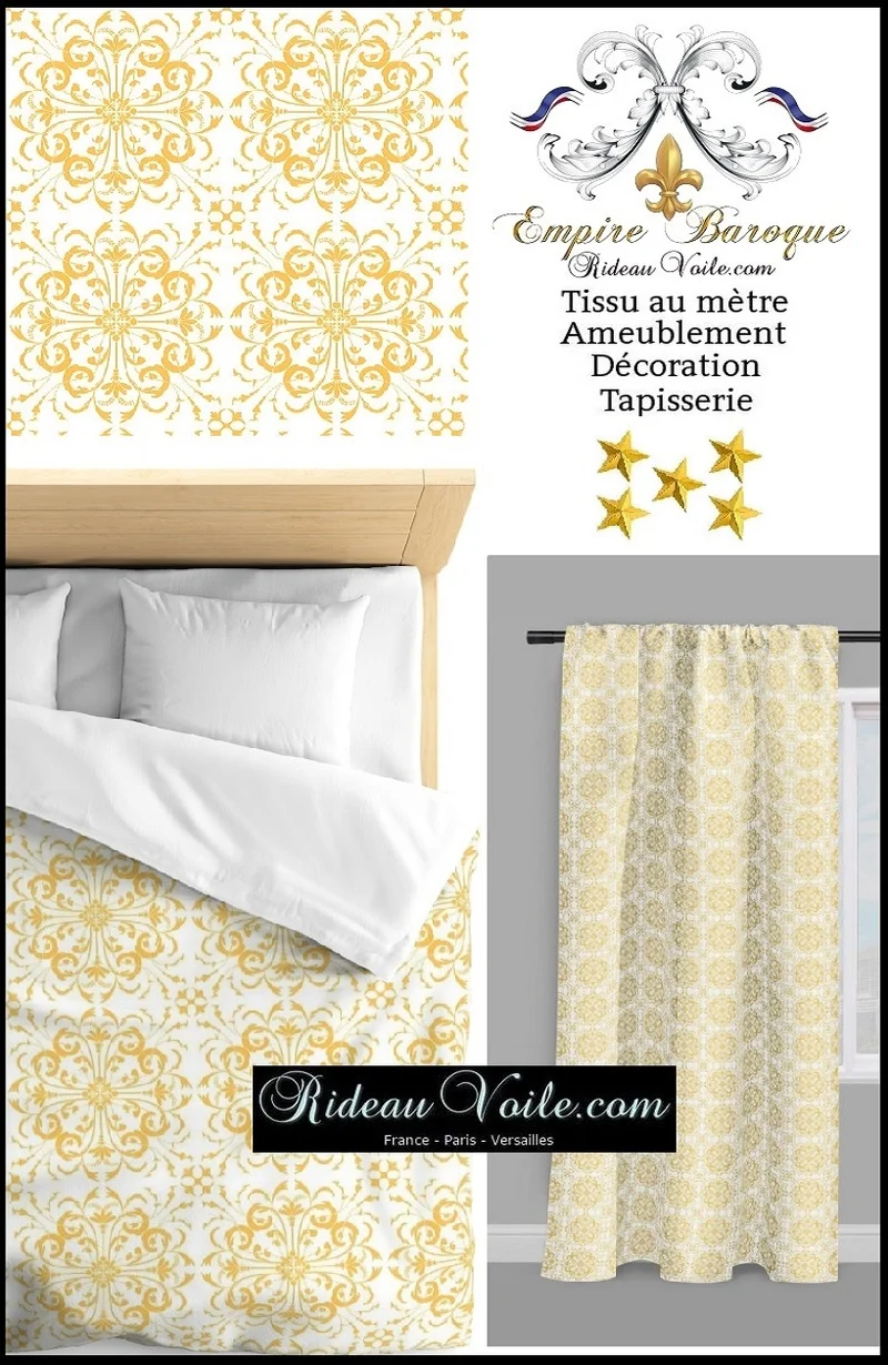 Boutique tissu ameublement jaune mètre motif fleur Rococo Baroque occultant ignifugé
