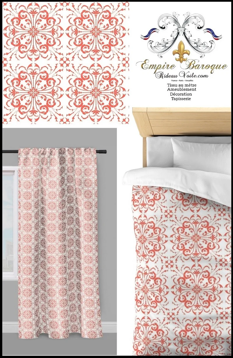 Tissu ameublement mètre imprimé fleuri Baroque ornement floral orange french fabrics