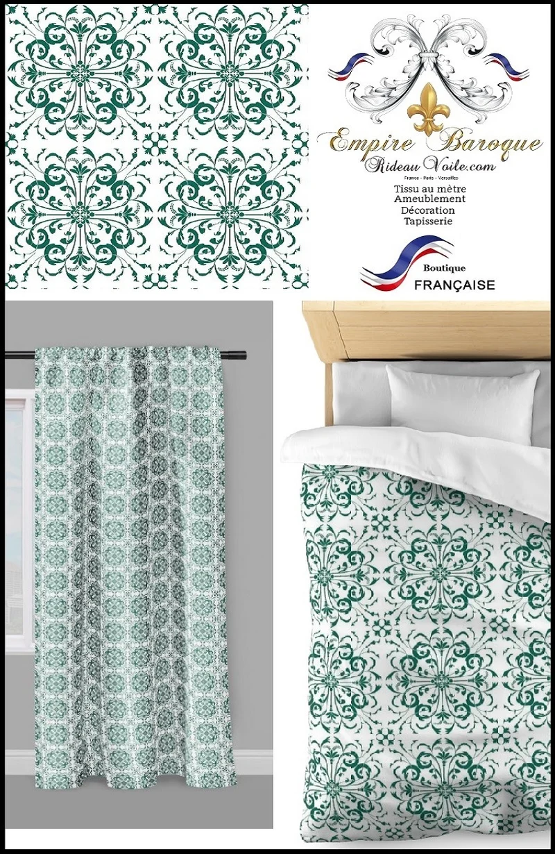 Tissu ameublement au mètre motif fleurs Empire Baroque ornement vert french fabrics
