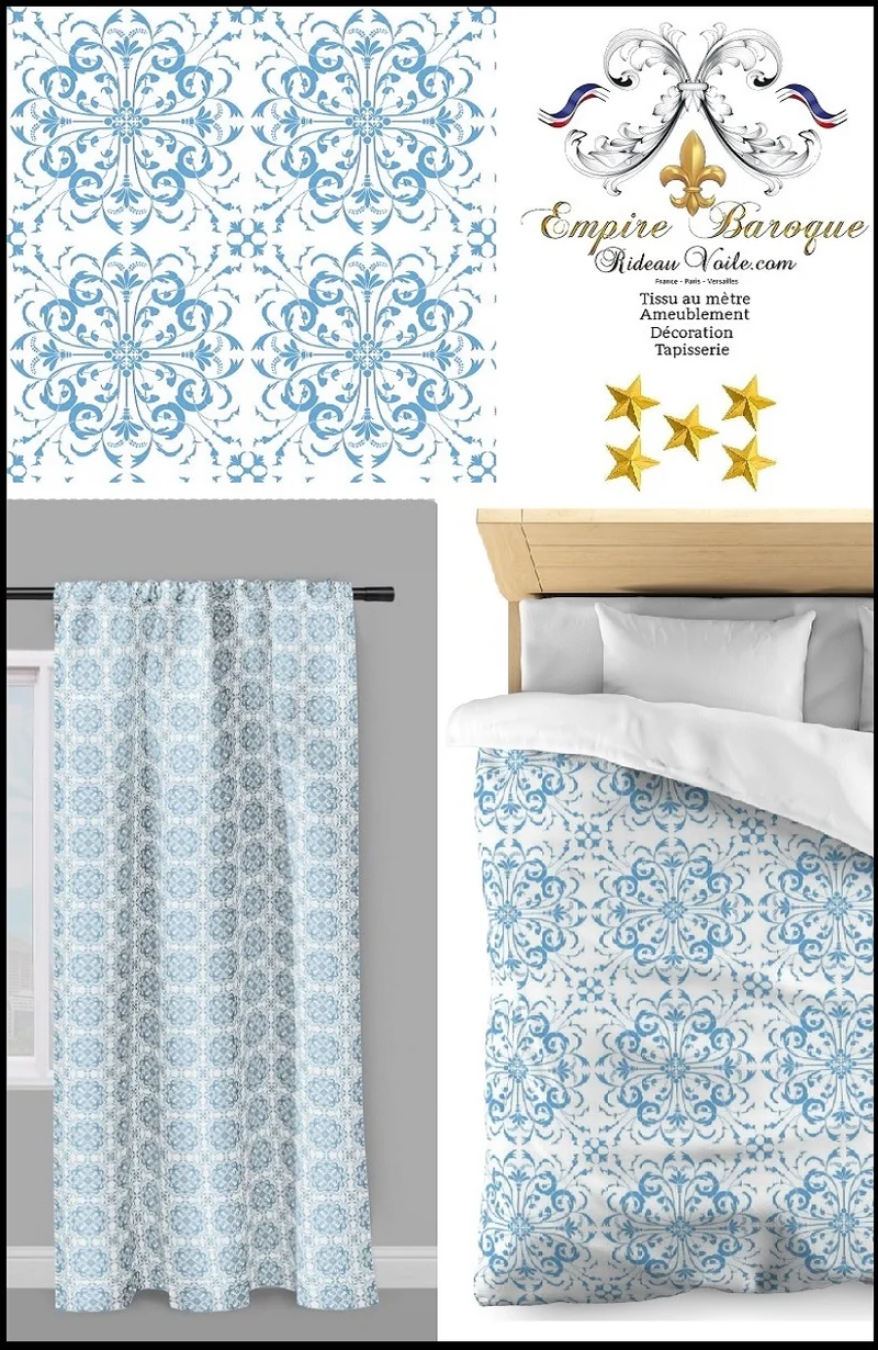 Tissu ameublement décoration mètre motif fleurs Baroque rideau ornement bleu Rococo