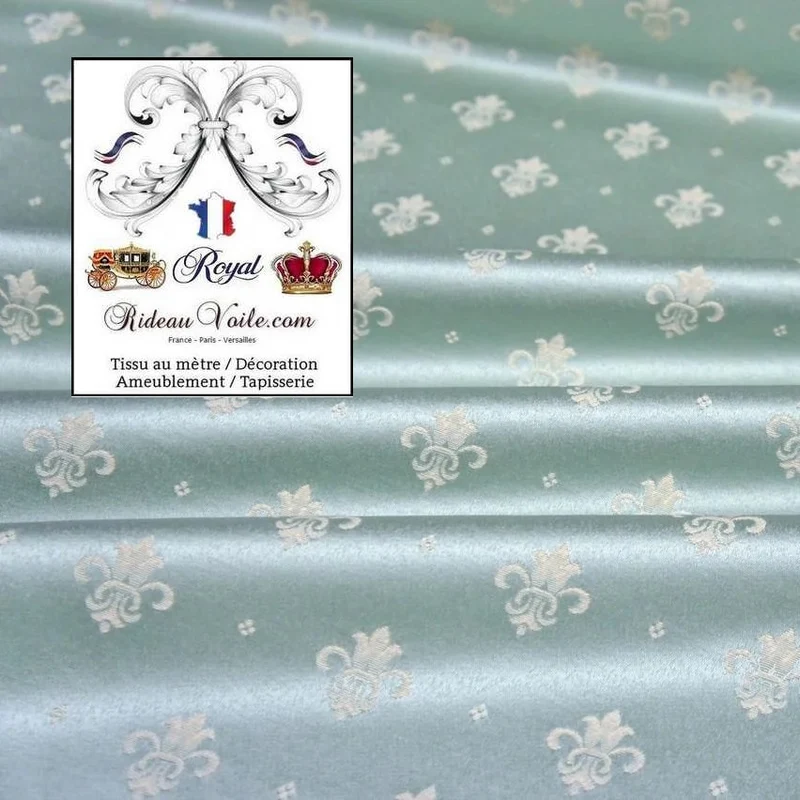 Tissu ameublement mètre Jacquard Damassé Bleu clair motif fleur de Lys mètre