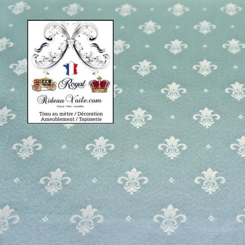 Tissu ameublement mètre Jacquard Damassé Bleu clair motif fleur de Lys mètre