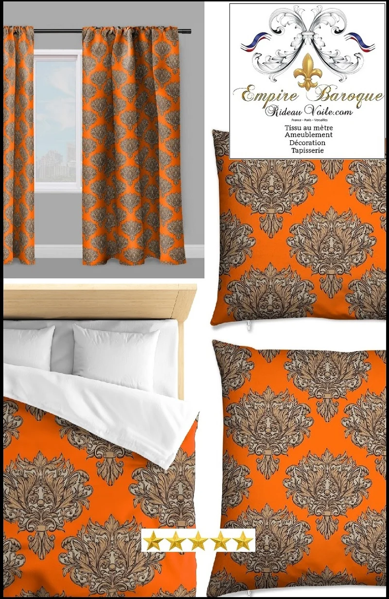 Tissu au mètre feuille style Empire Baroque tapisserie orange