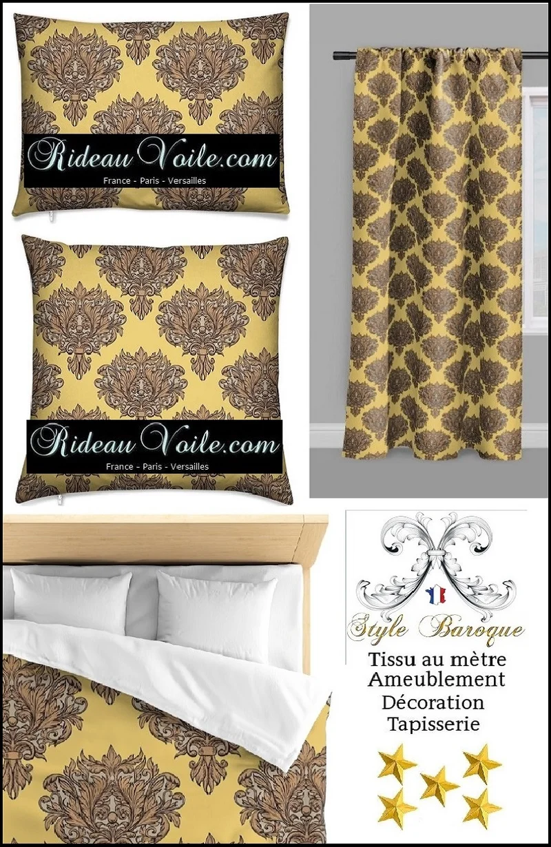 Tissu au mètre fleurs Victorien Empire Baroque rideau voilage occultant ignifugé jaune