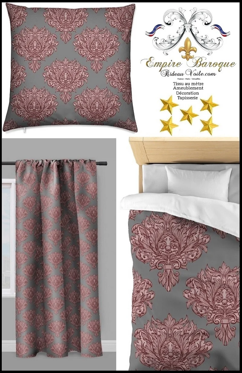 Tissu au mètre fleurs rideau couette gris rouge Empire Baroque Vorhang stoff Barock
