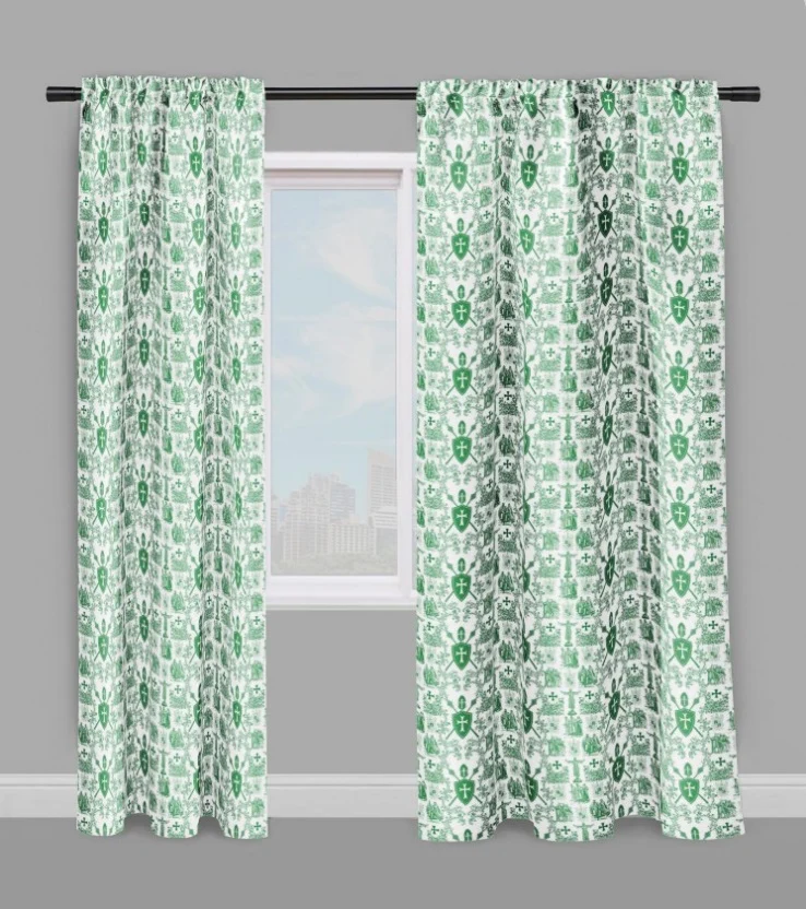 Tissu Toile de Jouy au mètre rideau couette vert motif linge de maison lit tapisserie