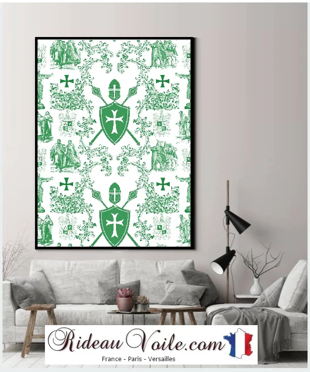 Tissu Toile de Jouy au mètre rideau couette vert motif linge de maison lit tapisserie