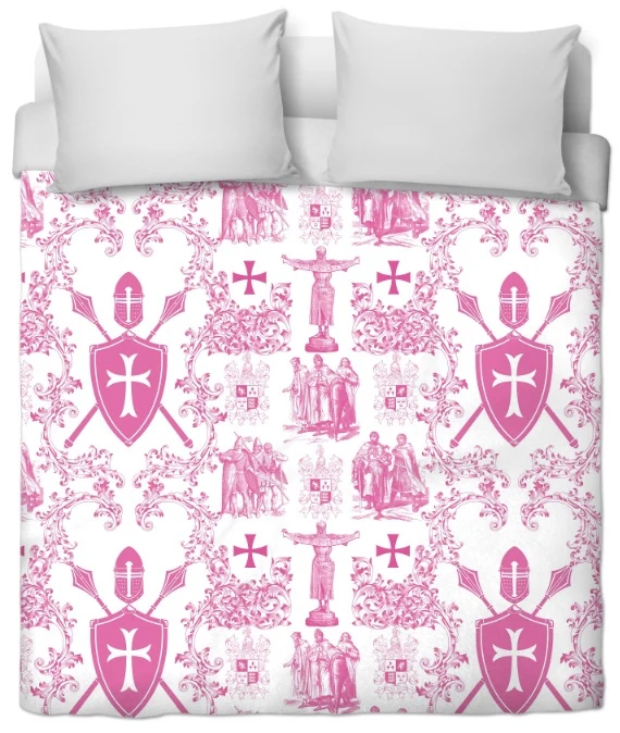 Tissu Toile de Jouy au mètre rideau coussin couette motif linge de maison rose fushia