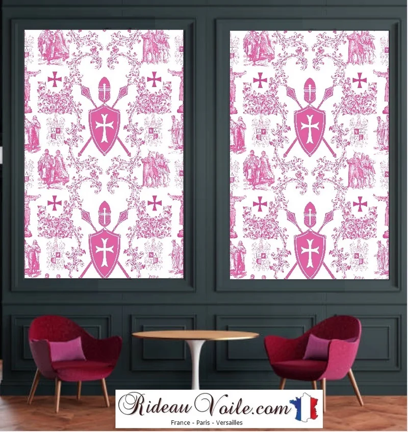 Tissu Toile de Jouy au mètre rideau coussin couette motif linge de maison rose fushia