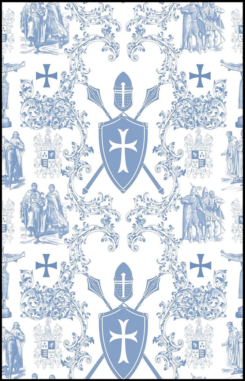Tissu Toile de Jouy au mètre rideau coussin couette motif linge de maison bleu clair