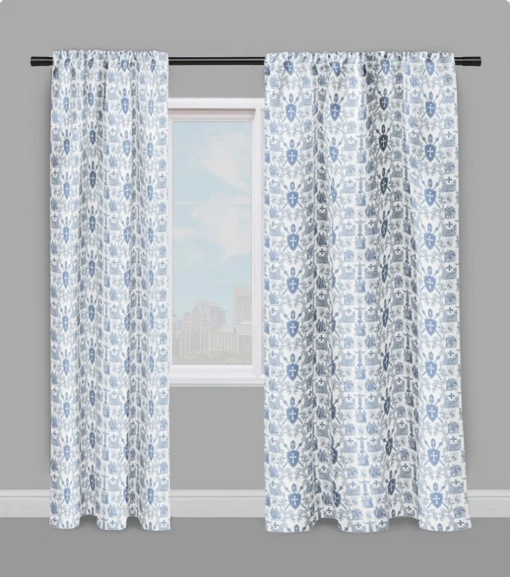 Tissu Toile de Jouy au mètre rideau coussin couette motif linge de maison bleu clair