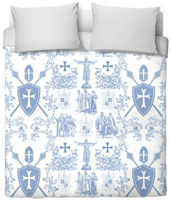 Tissu Toile de Jouy au mètre rideau coussin couette motif linge de maison bleu clair