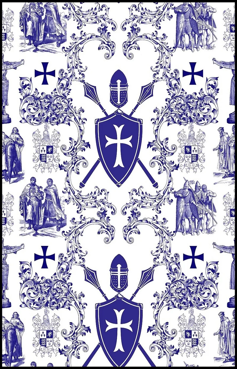 Tissu ameublement Toile de Jouy au mètre rideau coussin couette motif Moyen-âge bleu