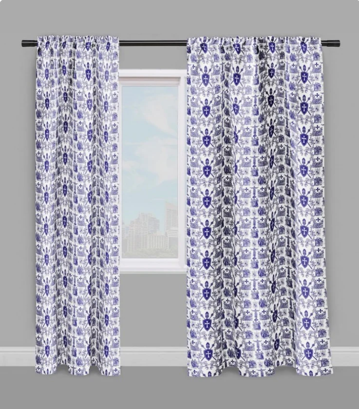 Tissu ameublement Toile de Jouy au mètre rideau coussin couette motif Moyen-âge bleu