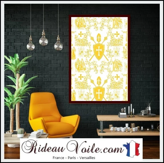 Tissu Toile de Jouy au mètre Ordre religieux des Templiers rideau couette jaune