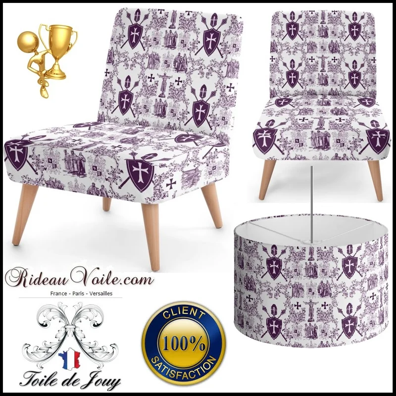Tissu violet Toile de Jouy ameublement haute couture au mètre Empire Ordre des Templiers