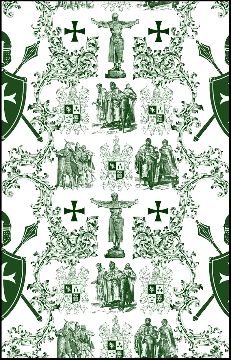 Tissu vert imprimé Toile de Jouy haute couture au mètre style Empire Ordre des Templiers