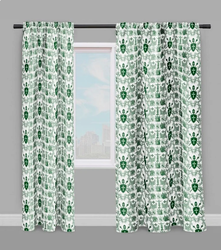 Tissu vert imprimé Toile de Jouy haute couture au mètre style Empire Ordre des Templiers
