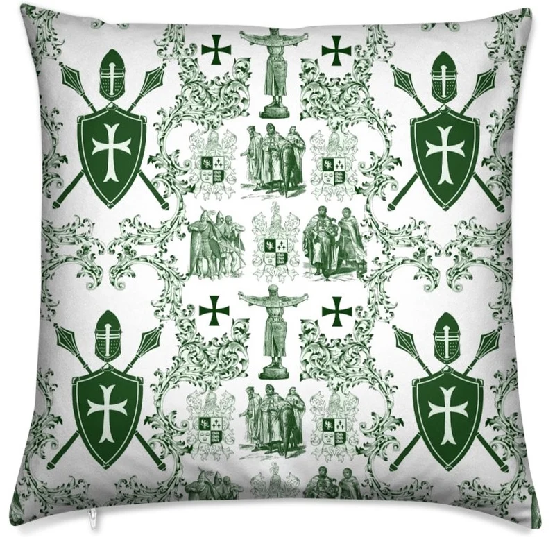 Tissu vert imprimé Toile de Jouy haute couture au mètre style Empire Ordre des Templiers