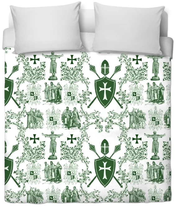 Tissu vert imprimé Toile de Jouy haute couture au mètre style Empire Ordre des Templiers