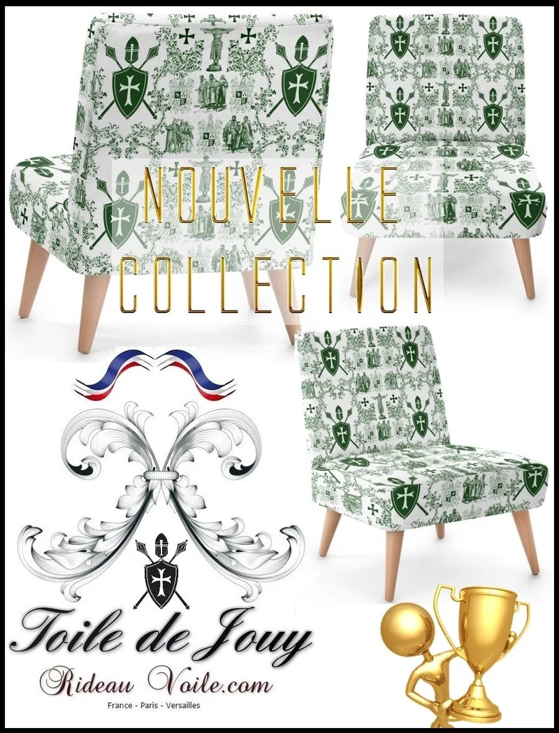 Tissu vert imprimé Toile de Jouy haute couture au mètre style Empire Ordre des Templiers