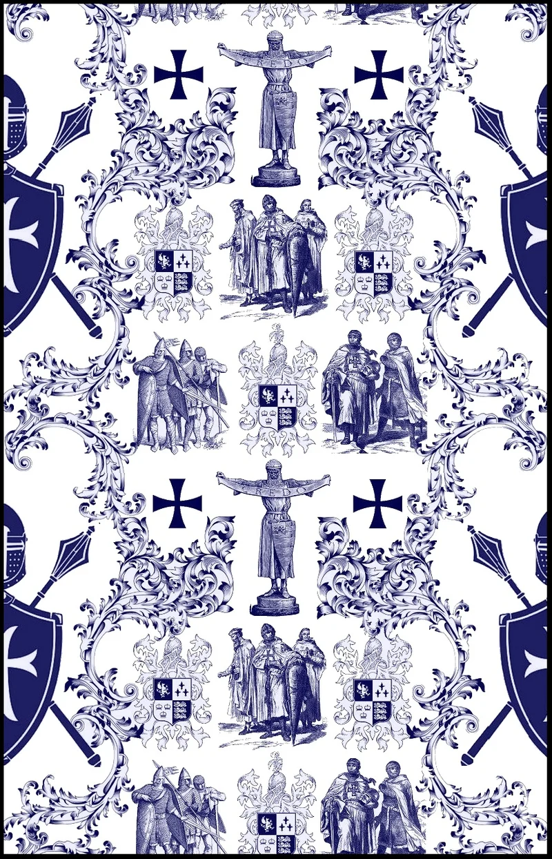 Toile de Jouy haut gamme tissu couture bleu style Empire Ordre des Templiers rideau