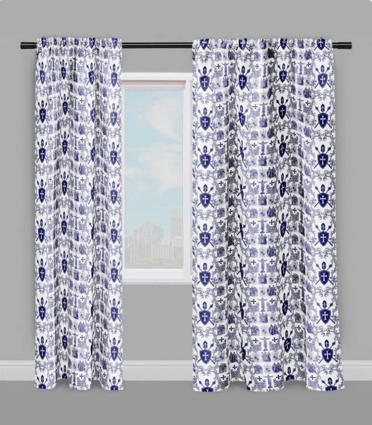 Toile de Jouy haut gamme tissu couture bleu style Empire Ordre des Templiers rideau