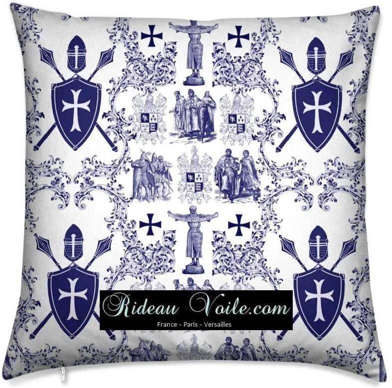Toile de Jouy haut gamme tissu couture bleu style Empire Ordre des Templiers rideau