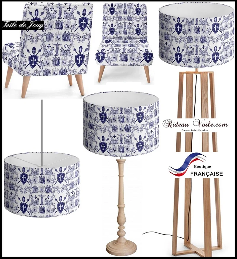 Toile de Jouy haut gamme tissu couture bleu style Empire Ordre des Templiers rideau