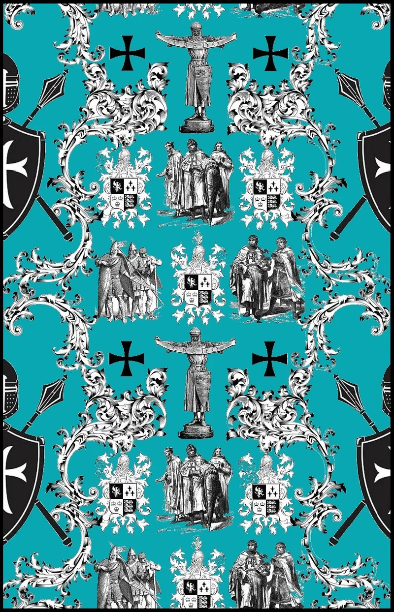 Tissu décoration Toile de Jouy au mètre Héraldique Empire Ordre des Templiers turquoise