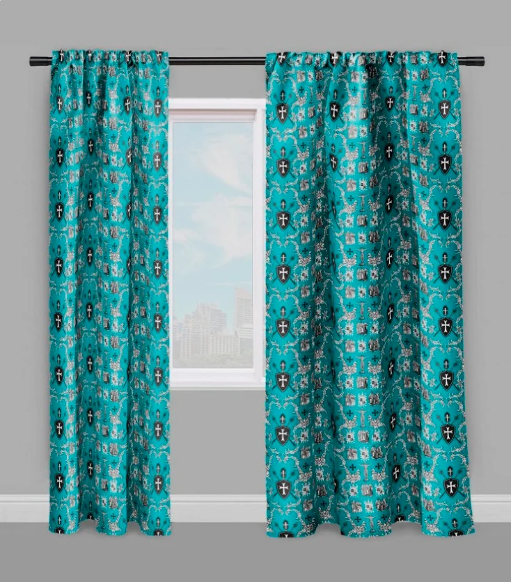 Tissu décoration Toile de Jouy au mètre Héraldique Empire Ordre des Templiers turquoise