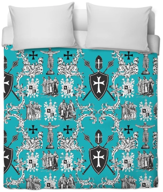 Tissu décoration Toile de Jouy au mètre Héraldique Empire Ordre des Templiers turquoise