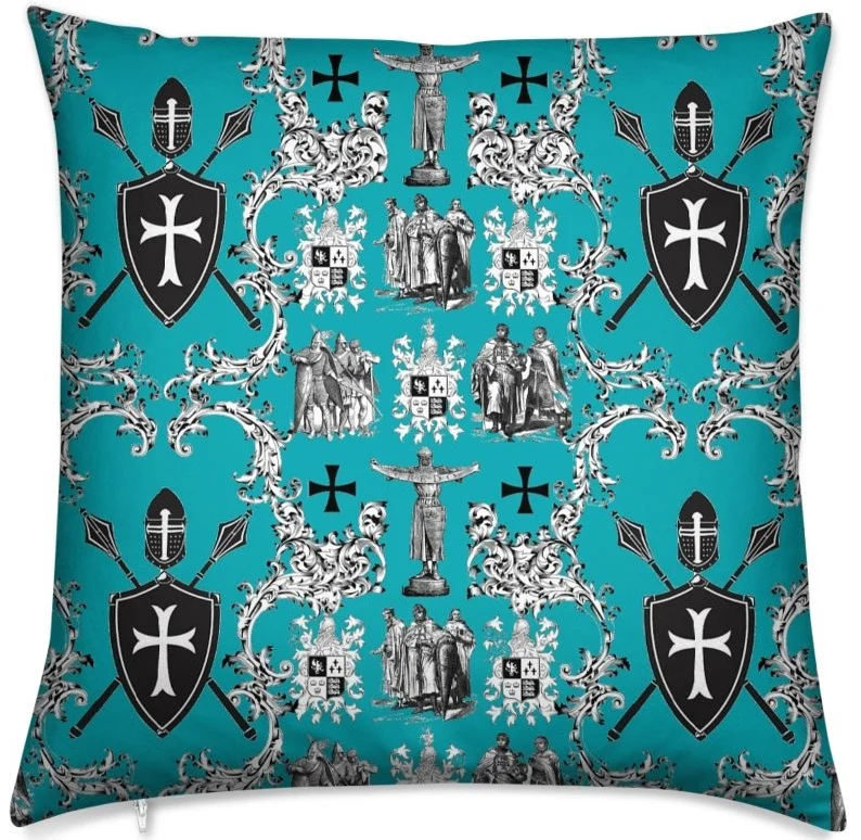 Tissu décoration Toile de Jouy au mètre Héraldique Empire Ordre des Templiers turquoise