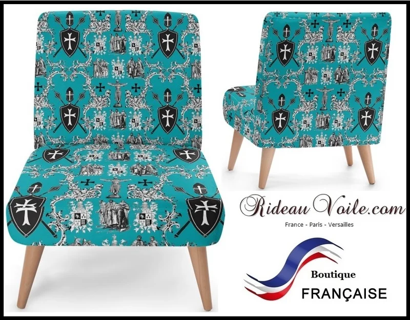 Tissu décoration Toile de Jouy au mètre Héraldique Empire Ordre des Templiers turquoise