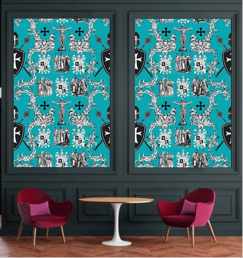 Tissu décoration Toile de Jouy au mètre Héraldique Empire Ordre des Templiers turquoise