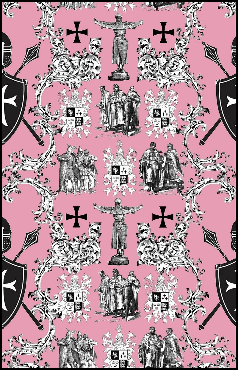 Intemporelle Toile de Jouy au mètre rose Héraldique Croix Ordre des Templiers tissu ameublement