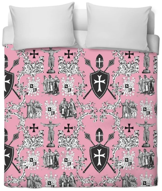 Intemporelle Toile de Jouy au mètre rose Héraldique Croix Ordre des Templiers tissu ameublement