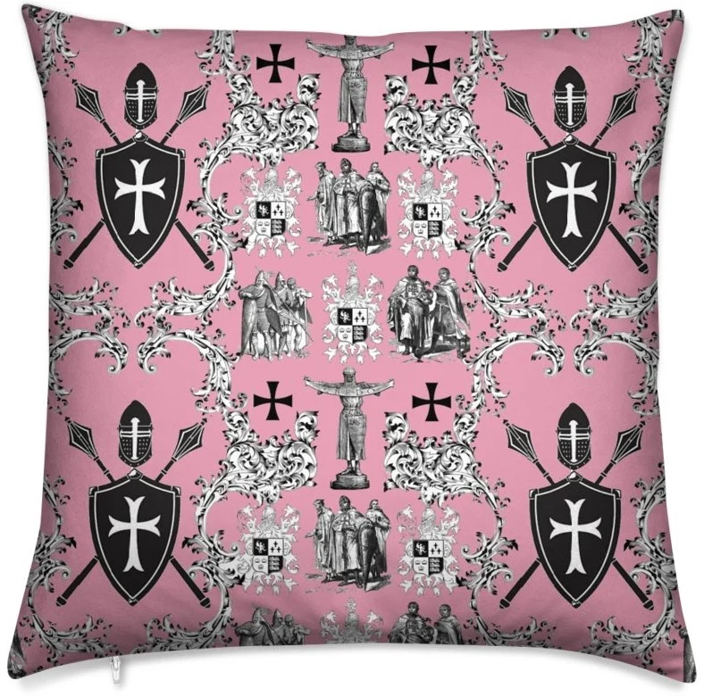 Intemporelle Toile de Jouy au mètre rose Héraldique Croix Ordre des Templiers tissu ameublement