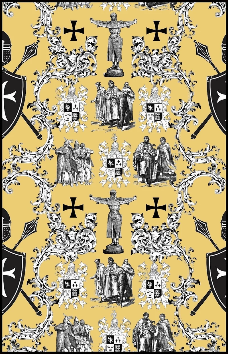 Toile de Jouy au mètre jaune Héraldique Croix Ordre des Templiers rideau tapisserie