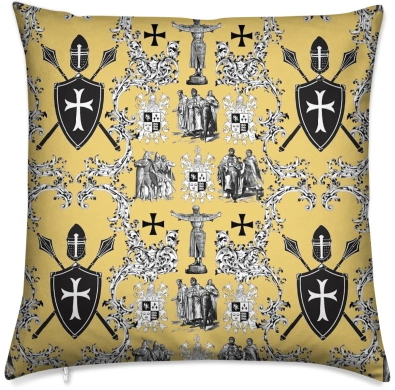 Toile de Jouy au mètre jaune Héraldique Croix Ordre des Templiers rideau tapisserie