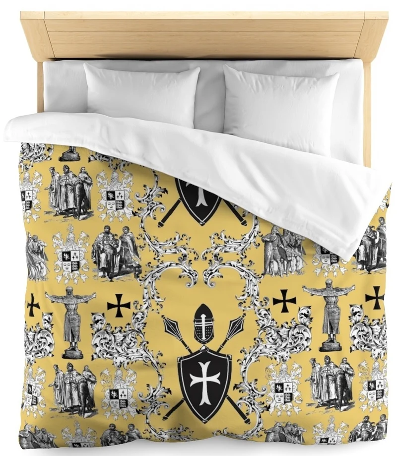 Toile de Jouy au mètre jaune Héraldique Croix Ordre des Templiers rideau tapisserie