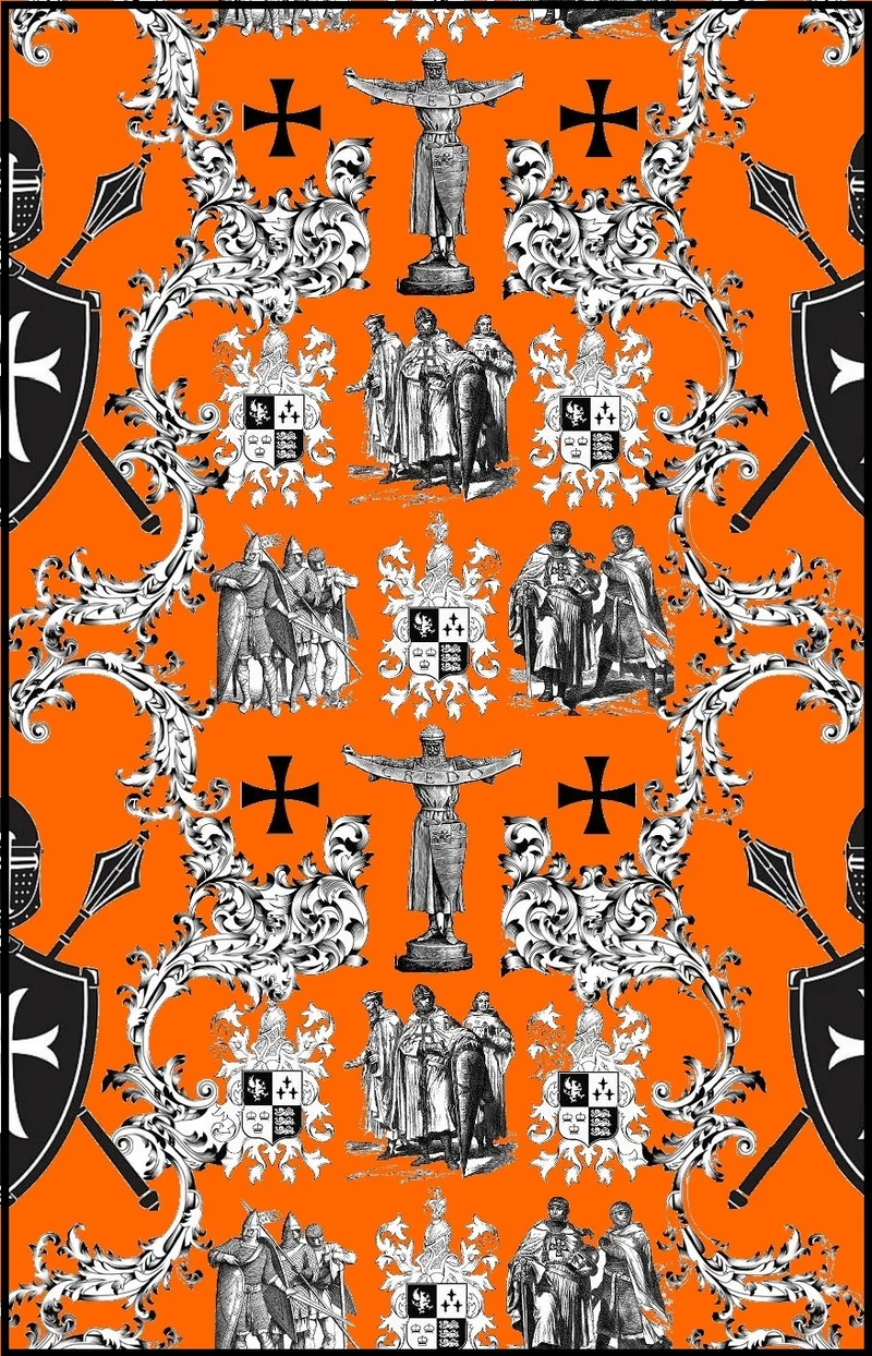Croisade Ordre des Templiers toile de Jouy orange au mètre rideau couette coussin